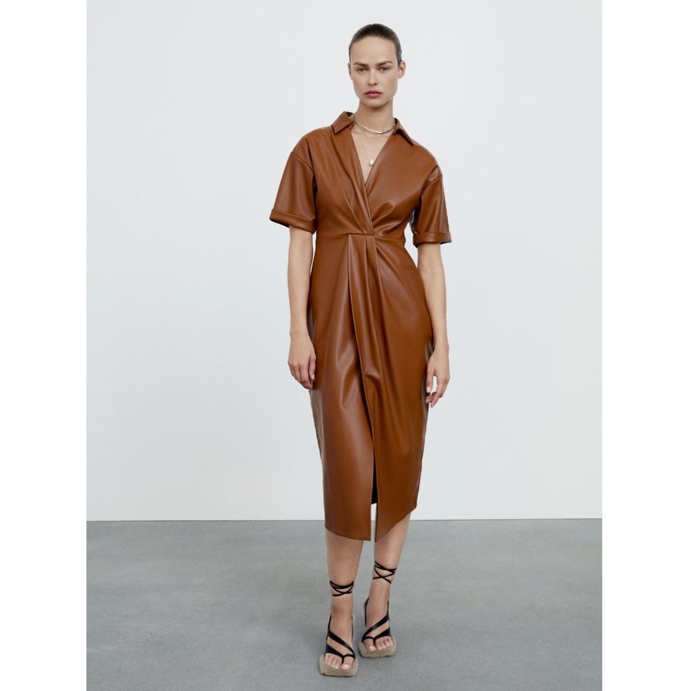 Zara Brown Faux Leather Faux Wrap Shirt Dress - Picture 10 of 16
